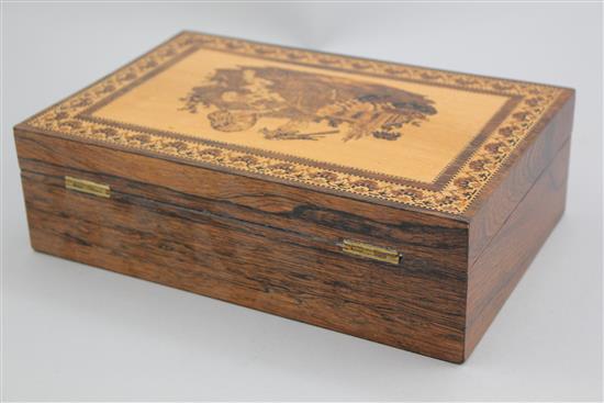 A Tunbridgeware rosewood Prince of Wales mosaic jewellery box, 9in.